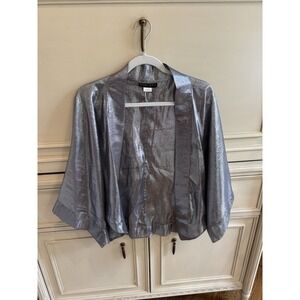 Ilana Wolf Silk Metallic‎ Silver Cardigan Duster Formal Shiny Small 3/4 Sleeve